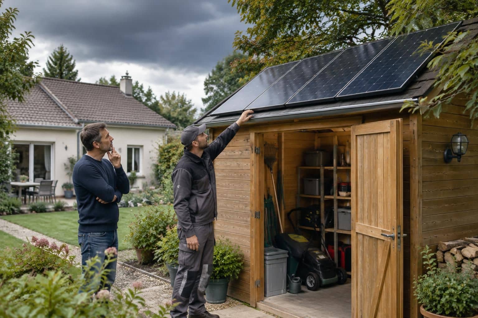 panneaux solaires sur un abri de jardin : vérifiez les garanties de votre assurance habitation contre les dommages, le vol et les sinistres.